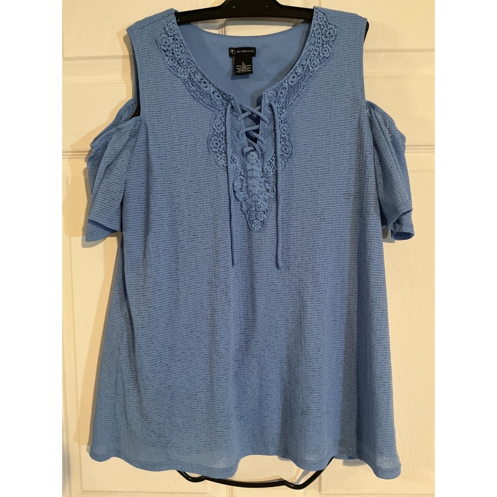 New‎ Directions Womens Blue Cold Shoulder Lace Up Crochet Trim Top Large